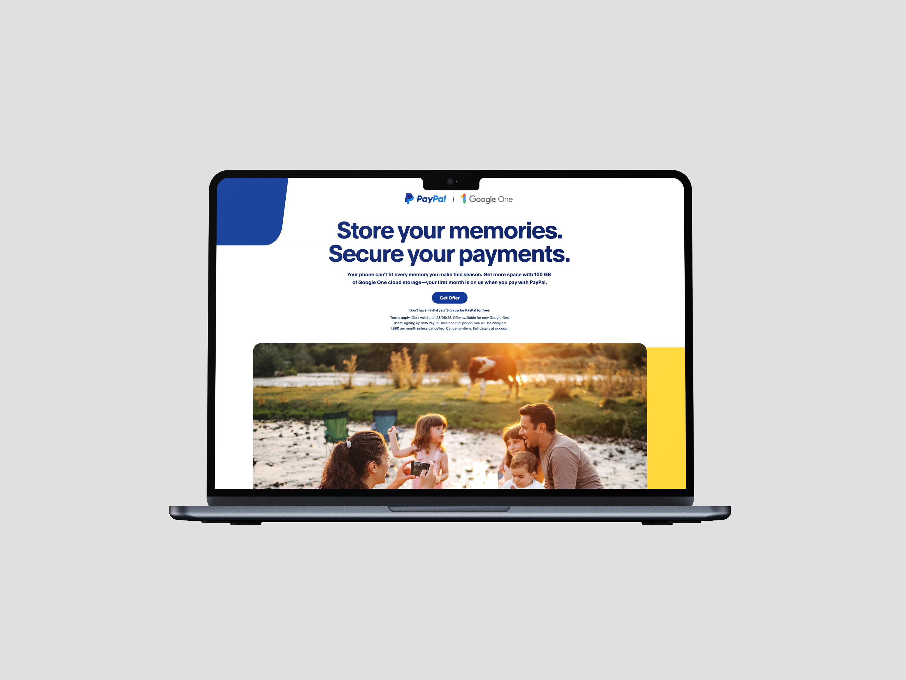 Desktop landing page design featuring 'Store your memories. Secure your payments.' messaging with family-focused hero imagery