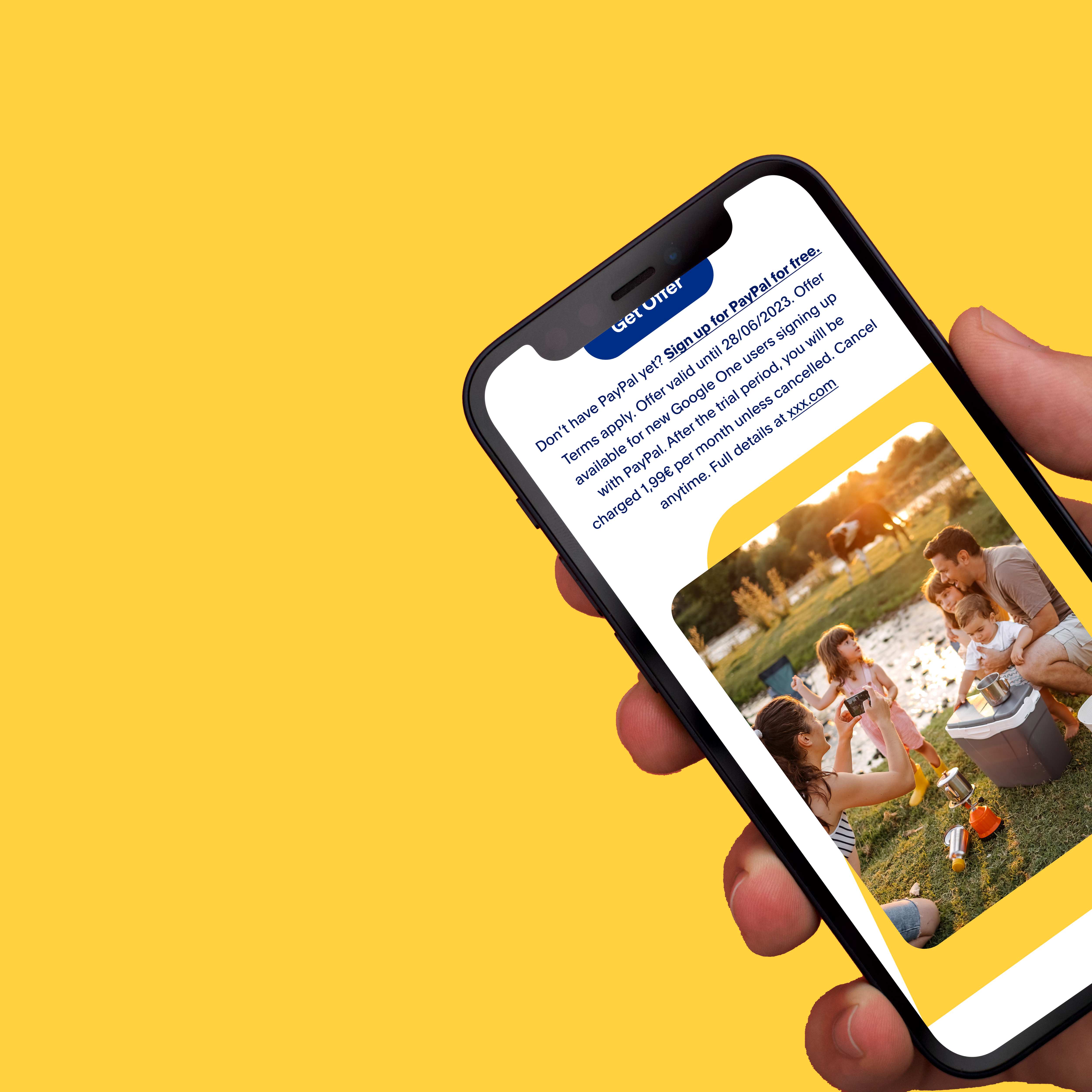 Mobile campaign design featuring PayPal signup promotion for Google One services with family-focused imagery