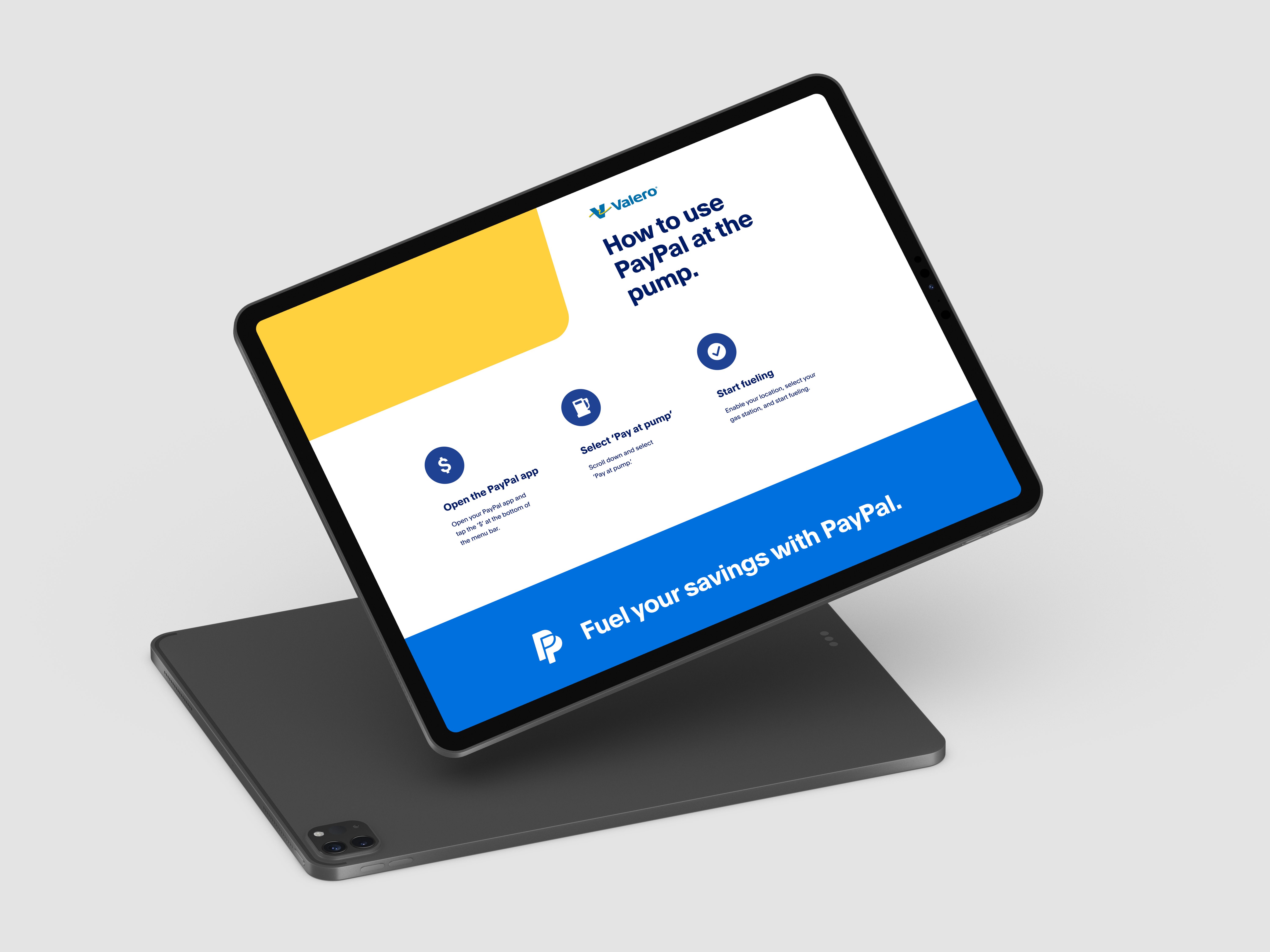 Tablet interface showing step-by-step instructions for using PayPal at Valero gas pumps