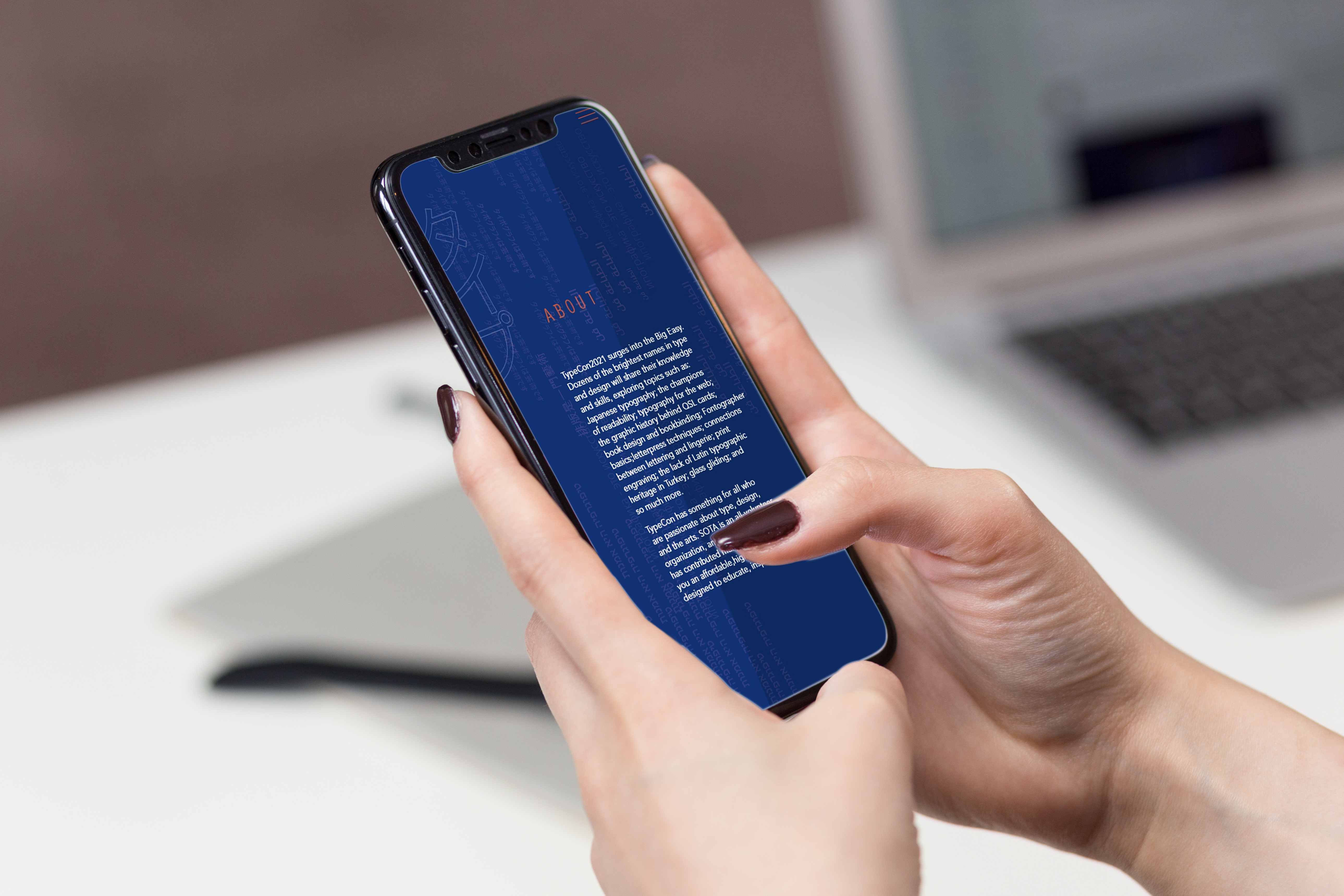iPhone mockup showing the TYPE conference About page with responsive mobile design featuring navy blue background and orange accent text
