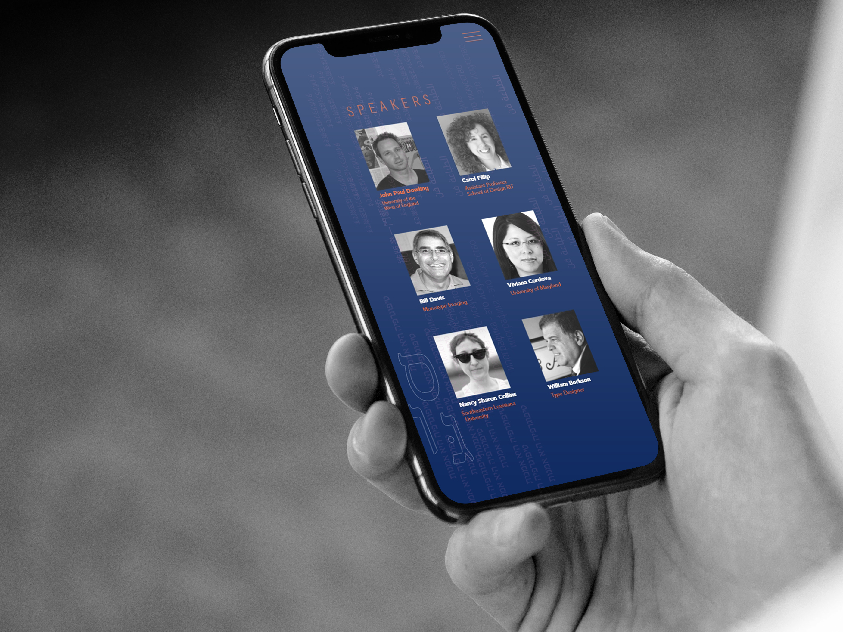 iPhone displaying the TYPE conference Speakers page with profile grid layout, demonstrating mobile-optimized navigation and content presentation